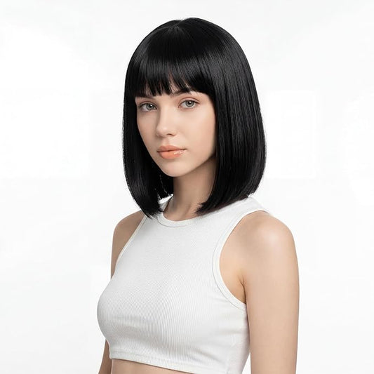 Short Black Bob Wig for Women, Sleek Straight Wig with Bangs