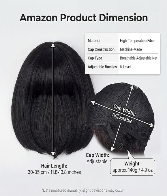 Short Black Bob Wig for Women, Sleek Straight Wig with Bangs