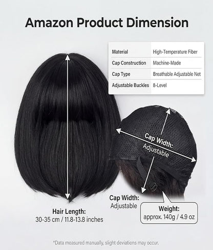 Short Black Bob Wig for Women, Sleek Straight Wig with Bangs