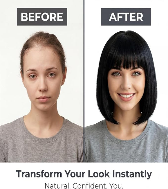 Short Black Bob Wig for Women, Sleek Straight Wig with Bangs