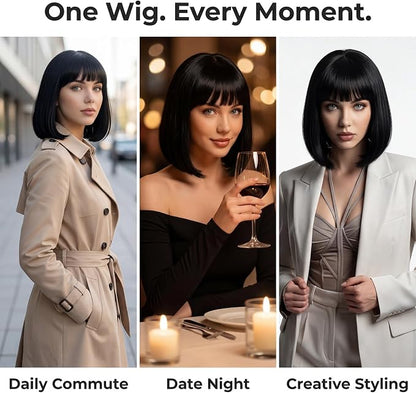 Short Black Bob Wig for Women, Sleek Straight Wig with Bangs