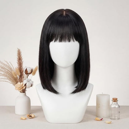 Short Black Bob Wig for Women, Sleek Straight Wig with Bangs
