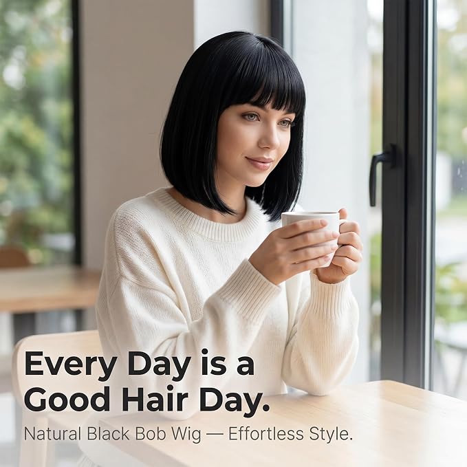 Short Black Bob Wig for Women, Sleek Straight Wig with Bangs
