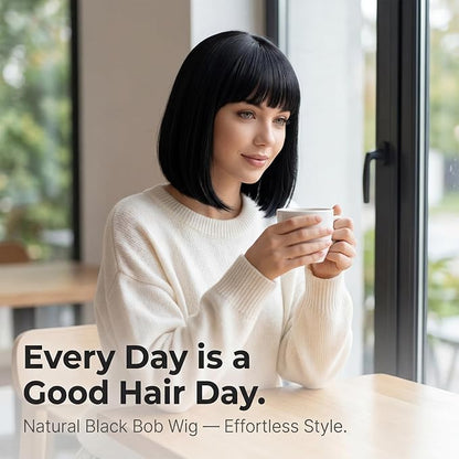 Short Black Bob Wig for Women, Sleek Straight Wig with Bangs